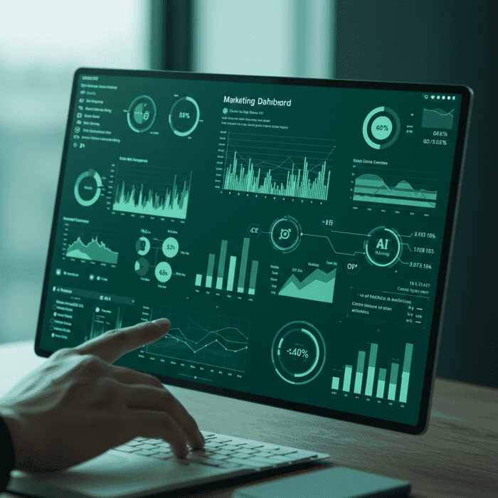 Fluxo automatizado de marketing sendo gerenciado por algoritmos de IA em um dashboard moderno