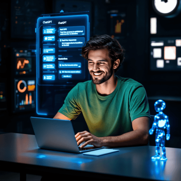 imagem que representa o checklist com um homem, notebook e imagens ao fundo de aparecer nos resultados de buscas do ChatGPT