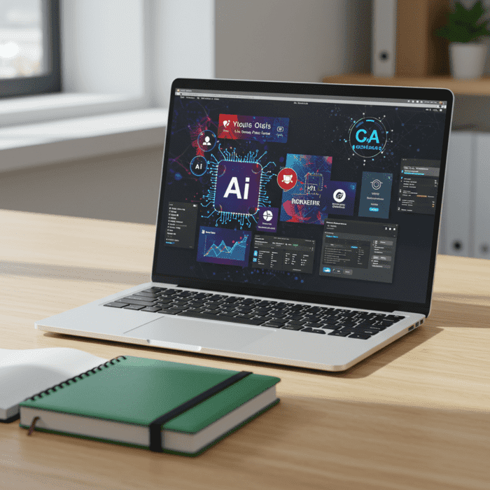 Tela com logos e interfaces de ferramentas de IA aplicadas ao marketing digital