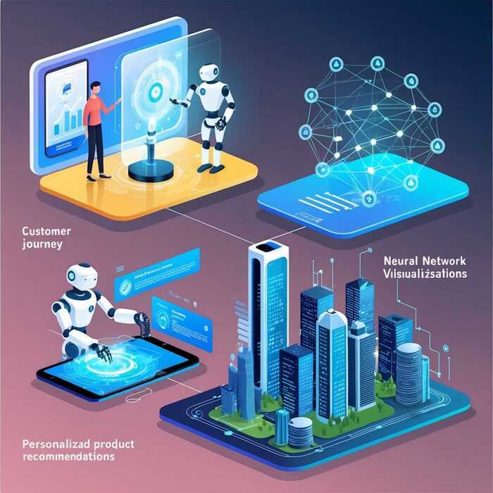 Futurismo digital com elementos tecnológicos ilustrando as próximas tendências de inteligência artificial no marketing